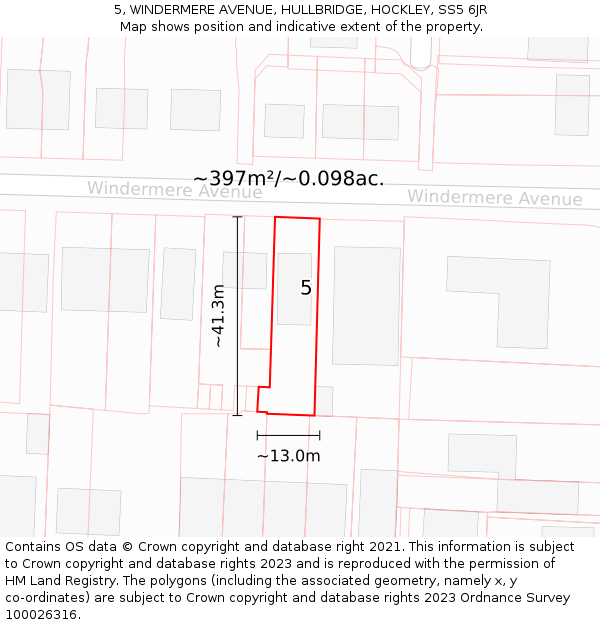 5, WINDERMERE AVENUE, HULLBRIDGE, HOCKLEY, SS5 6JR: Plot and title map