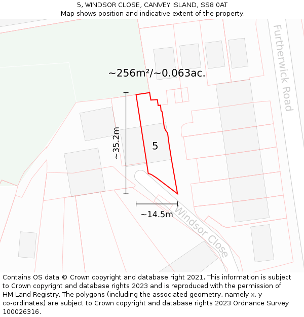 5, WINDSOR CLOSE, CANVEY ISLAND, SS8 0AT: Plot and title map