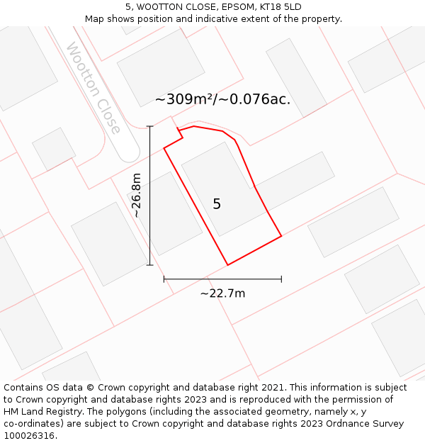 5, WOOTTON CLOSE, EPSOM, KT18 5LD: Plot and title map