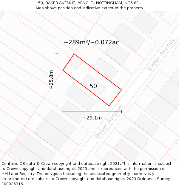 50, BAKER AVENUE, ARNOLD, NOTTINGHAM, NG5 8FU: Plot and title map