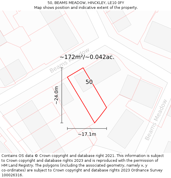 50, BEAMS MEADOW, HINCKLEY, LE10 0FY: Plot and title map