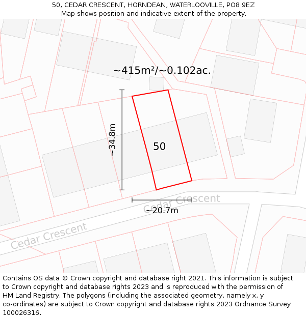 50, CEDAR CRESCENT, HORNDEAN, WATERLOOVILLE, PO8 9EZ: Plot and title map