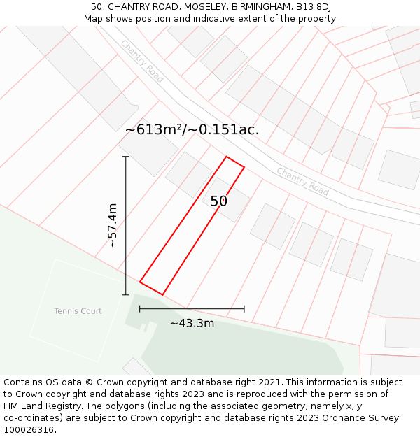 50, CHANTRY ROAD, MOSELEY, BIRMINGHAM, B13 8DJ: Plot and title map