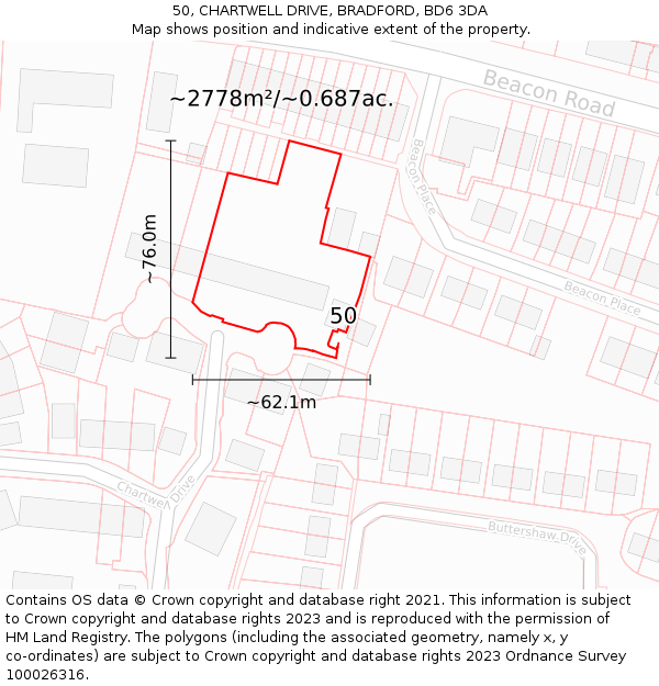 50, CHARTWELL DRIVE, BRADFORD, BD6 3DA: Plot and title map