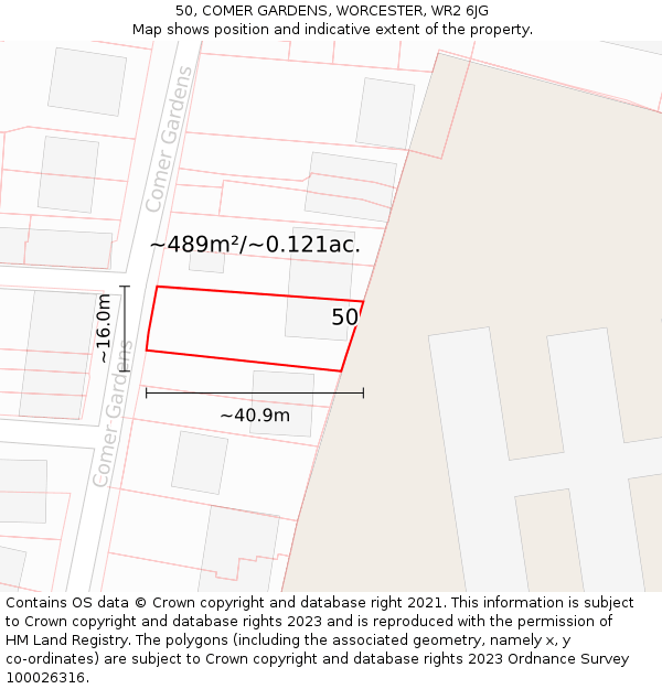 50, COMER GARDENS, WORCESTER, WR2 6JG: Plot and title map