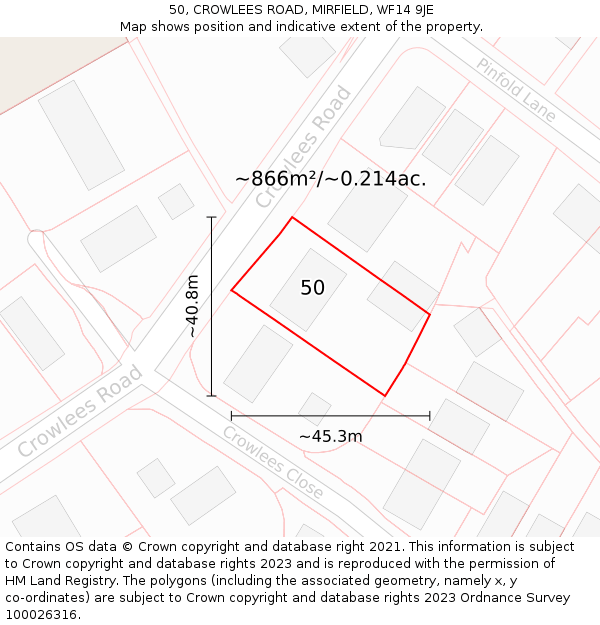 50, CROWLEES ROAD, MIRFIELD, WF14 9JE: Plot and title map