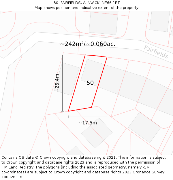 50, FAIRFIELDS, ALNWICK, NE66 1BT: Plot and title map