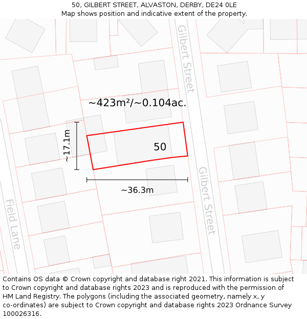 50, GILBERT STREET, ALVASTON, DERBY, DE24 0LE: Plot and title map