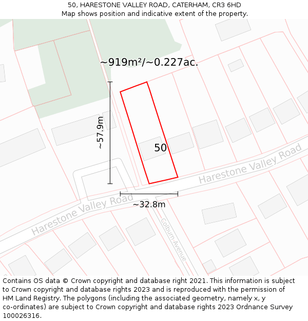 50, HARESTONE VALLEY ROAD, CATERHAM, CR3 6HD: Plot and title map