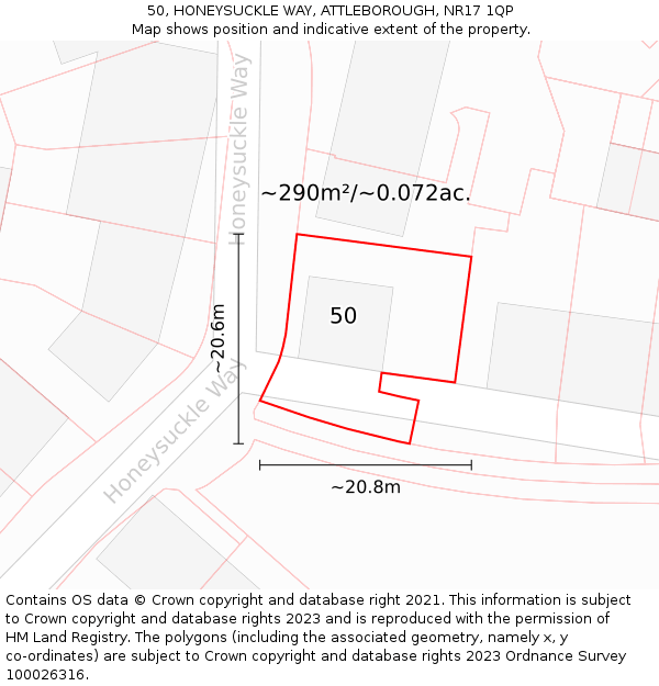 50, HONEYSUCKLE WAY, ATTLEBOROUGH, NR17 1QP: Plot and title map