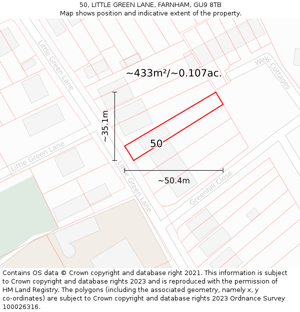 50, LITTLE GREEN LANE, FARNHAM, GU9 8TB: Plot and title map