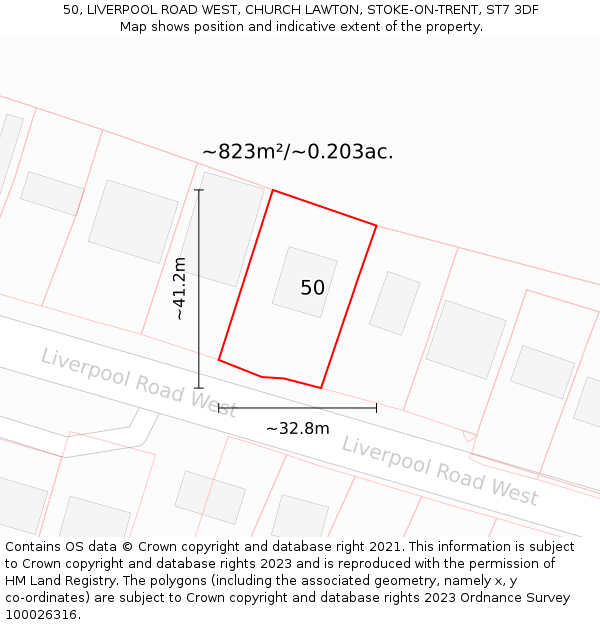 50, LIVERPOOL ROAD WEST, CHURCH LAWTON, STOKE-ON-TRENT, ST7 3DF: Plot and title map