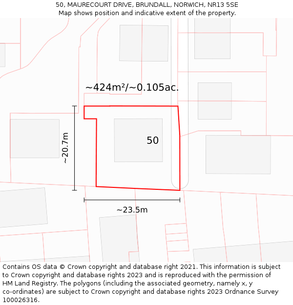 50, MAURECOURT DRIVE, BRUNDALL, NORWICH, NR13 5SE: Plot and title map