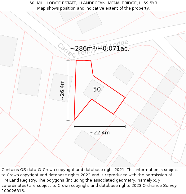 50, MILL LODGE ESTATE, LLANDEGFAN, MENAI BRIDGE, LL59 5YB: Plot and title map