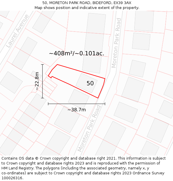 50, MORETON PARK ROAD, BIDEFORD, EX39 3AX: Plot and title map