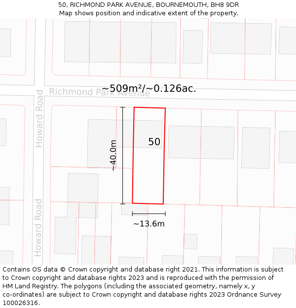 50, RICHMOND PARK AVENUE, BOURNEMOUTH, BH8 9DR: Plot and title map