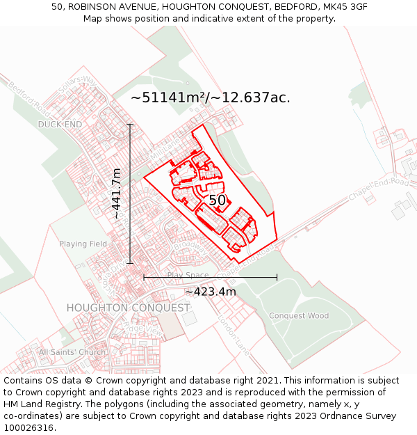 50, ROBINSON AVENUE, HOUGHTON CONQUEST, BEDFORD, MK45 3GF: Plot and title map