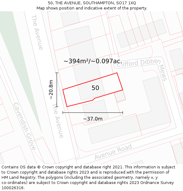 50, THE AVENUE, SOUTHAMPTON, SO17 1XQ: Plot and title map