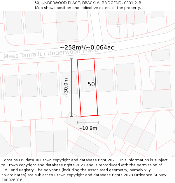 50, UNDERWOOD PLACE, BRACKLA, BRIDGEND, CF31 2LR: Plot and title map