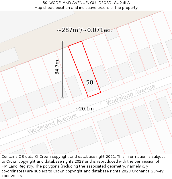 50, WODELAND AVENUE, GUILDFORD, GU2 4LA: Plot and title map