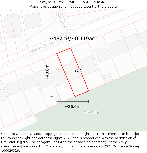 505, WEST DYKE ROAD, REDCAR, TS10 4QL: Plot and title map