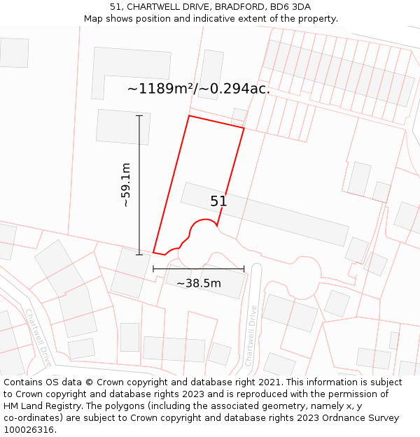 51, CHARTWELL DRIVE, BRADFORD, BD6 3DA: Plot and title map