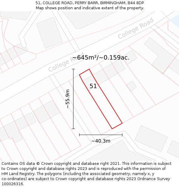 51, COLLEGE ROAD, PERRY BARR, BIRMINGHAM, B44 8DP: Plot and title map