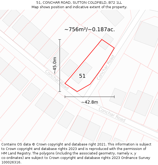 51, CONCHAR ROAD, SUTTON COLDFIELD, B72 1LL: Plot and title map