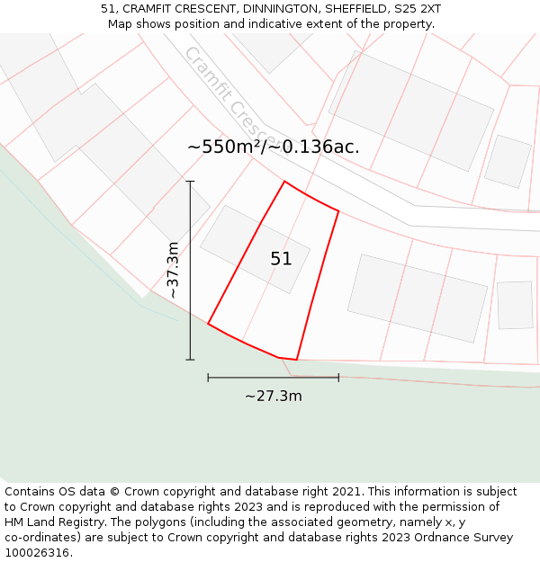 51, CRAMFIT CRESCENT, DINNINGTON, SHEFFIELD, S25 2XT: Plot and title map