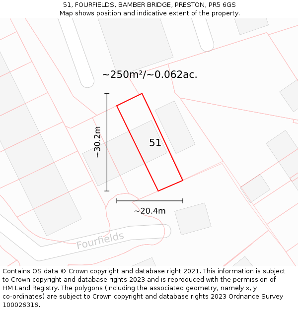 51, FOURFIELDS, BAMBER BRIDGE, PRESTON, PR5 6GS: Plot and title map