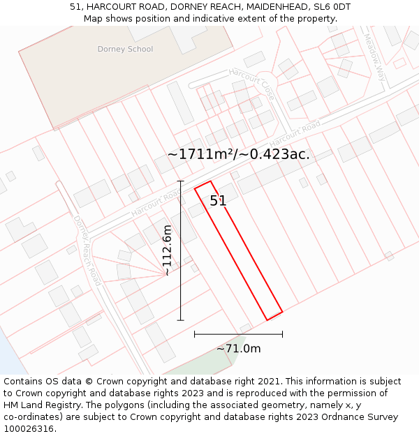 51, HARCOURT ROAD, DORNEY REACH, MAIDENHEAD, SL6 0DT: Plot and title map