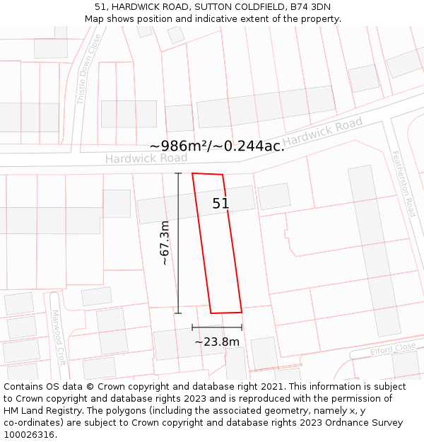 51, HARDWICK ROAD, SUTTON COLDFIELD, B74 3DN: Plot and title map