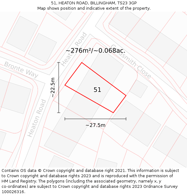 51, HEATON ROAD, BILLINGHAM, TS23 3GP: Plot and title map