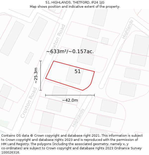 51, HIGHLANDS, THETFORD, IP24 1JG: Plot and title map