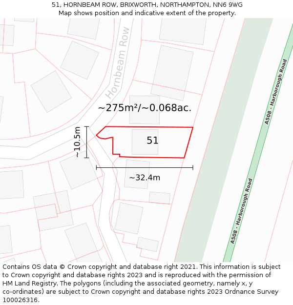 51, HORNBEAM ROW, BRIXWORTH, NORTHAMPTON, NN6 9WG: Plot and title map