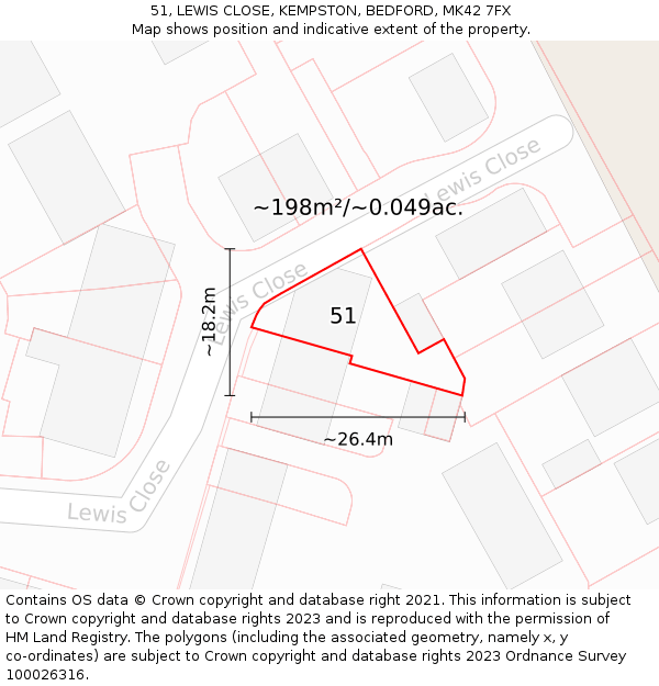 51, LEWIS CLOSE, KEMPSTON, BEDFORD, MK42 7FX: Plot and title map