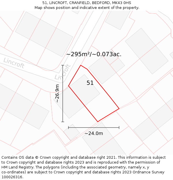 51, LINCROFT, CRANFIELD, BEDFORD, MK43 0HS: Plot and title map