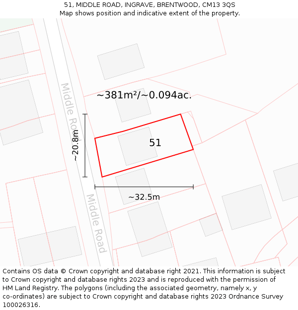 51, MIDDLE ROAD, INGRAVE, BRENTWOOD, CM13 3QS: Plot and title map