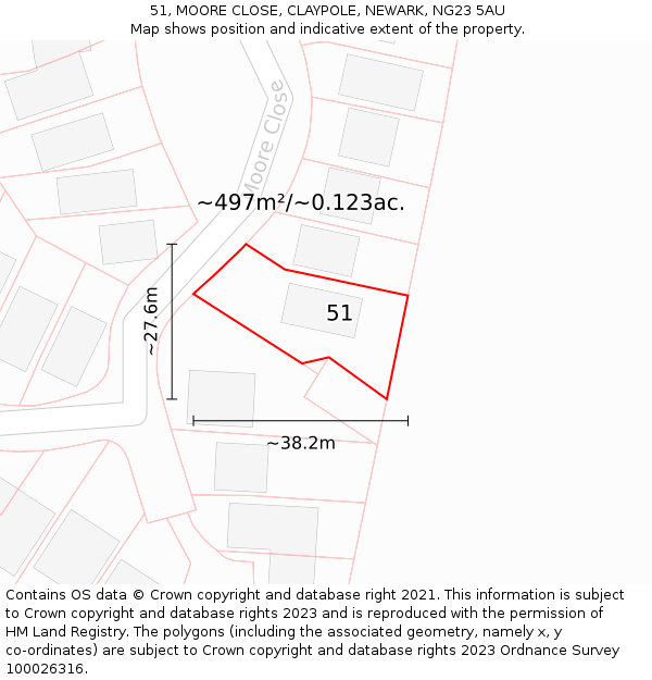 51, MOORE CLOSE, CLAYPOLE, NEWARK, NG23 5AU: Plot and title map