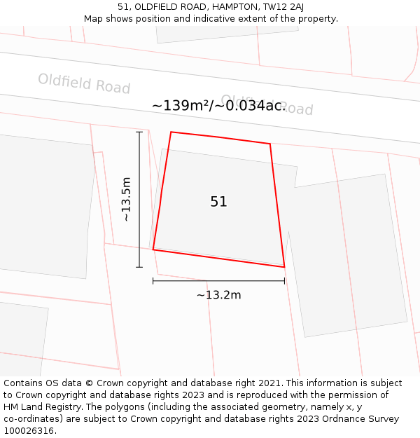 51, OLDFIELD ROAD, HAMPTON, TW12 2AJ: Plot and title map