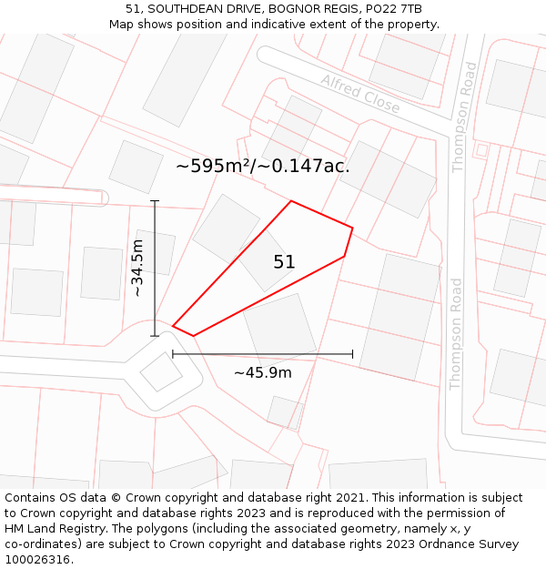 51, SOUTHDEAN DRIVE, BOGNOR REGIS, PO22 7TB: Plot and title map