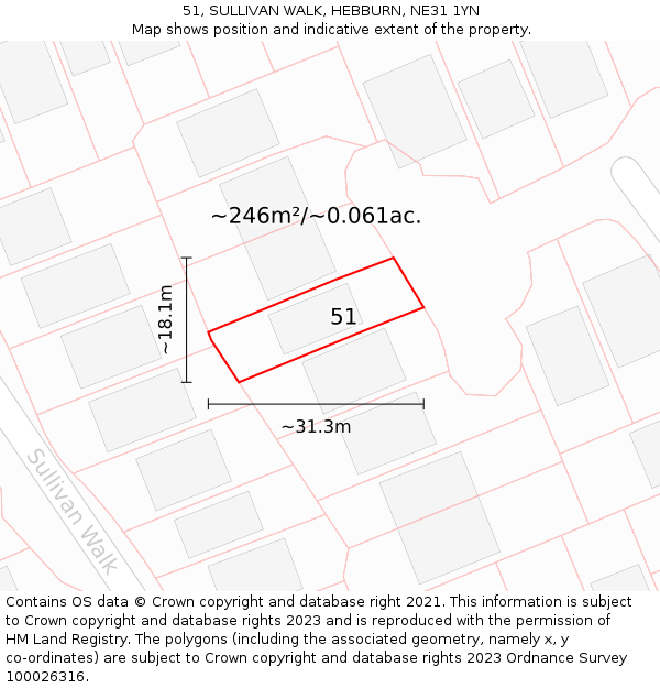 51, SULLIVAN WALK, HEBBURN, NE31 1YN: Plot and title map