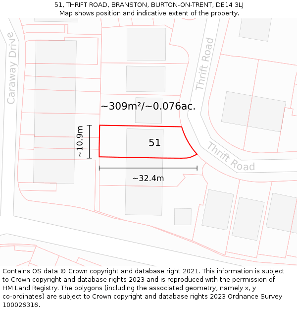 51, THRIFT ROAD, BRANSTON, BURTON-ON-TRENT, DE14 3LJ: Plot and title map