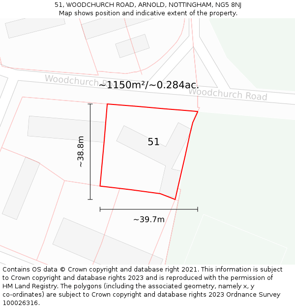 51, WOODCHURCH ROAD, ARNOLD, NOTTINGHAM, NG5 8NJ: Plot and title map