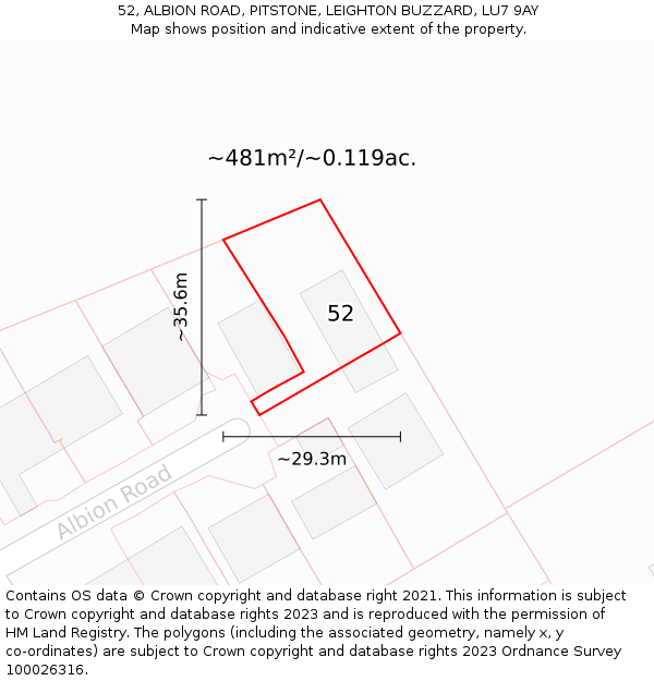 52, ALBION ROAD, PITSTONE, LEIGHTON BUZZARD, LU7 9AY: Plot and title map