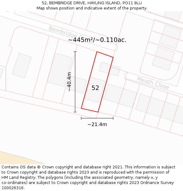 52, BEMBRIDGE DRIVE, HAYLING ISLAND, PO11 9LU: Plot and title map