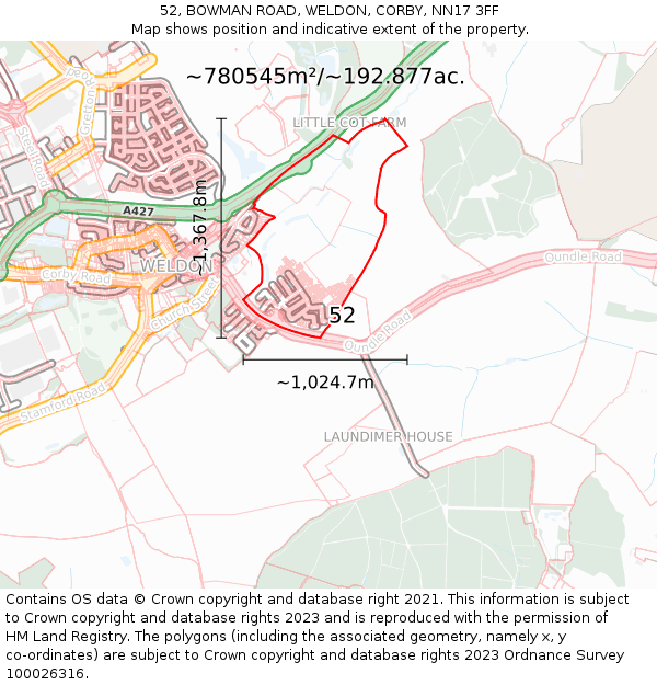 52, BOWMAN ROAD, WELDON, CORBY, NN17 3FF: Plot and title map