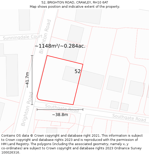 52, BRIGHTON ROAD, CRAWLEY, RH10 6AT: Plot and title map