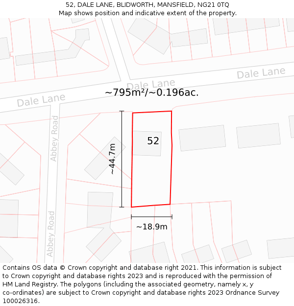 52, DALE LANE, BLIDWORTH, MANSFIELD, NG21 0TQ: Plot and title map
