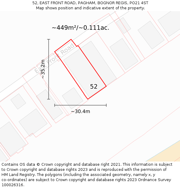 52, EAST FRONT ROAD, PAGHAM, BOGNOR REGIS, PO21 4ST: Plot and title map